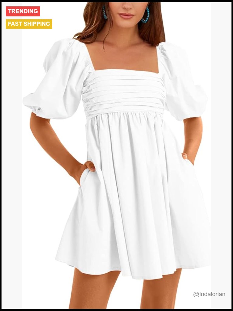 Square Neck Half Puff Sleeve High Waist A-Line Babydoll Mini Dress